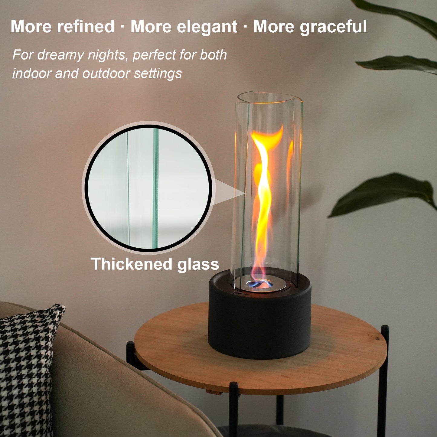 Cylindrical Bioethanol Vented-Free Fireplace – Tabletop Clean-Burning Design with Tempered Glass & Fire Snuffer