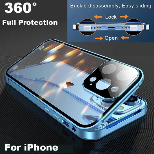 Clear 360° Full Protection Metal Magnetic Double-Sided Glass Press Phone Case for iPhone 16e 16 Pro Max 14 13 12 15 Pro Max Case