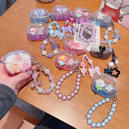 Gradient Cute Bow DIY Flower Earphone Case Crystal Pendant For Samsung Galaxy Buds 2 3 Pro Live FE Cover Earbuds Accessories