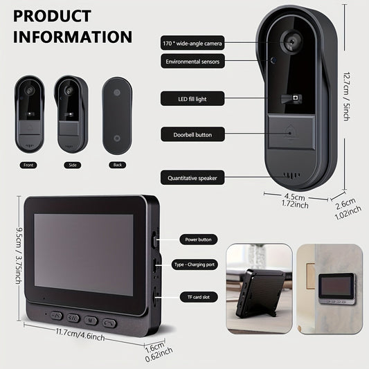 Smart Video Doorbell with HD Camera, Visual Doorbell Camera with 4.3-inch Display, Real-time Indoor Monitoring, Wide Angle, 2-Way Audio, Image & Video Recording, SD Card Local Storage, HD Night Vision, Battery/USB Dual Power,
