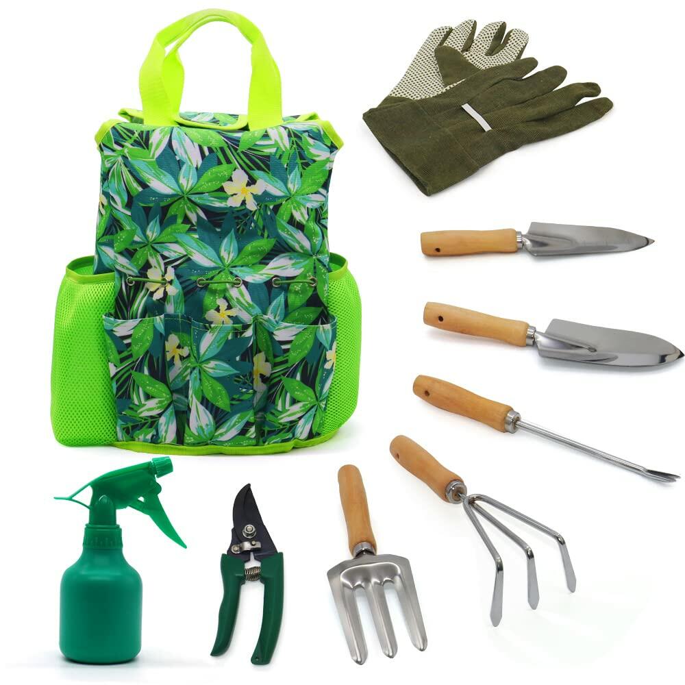 9-Piece Garden Tools Set with Gloves and Colorful Tote - Gardening Kit
