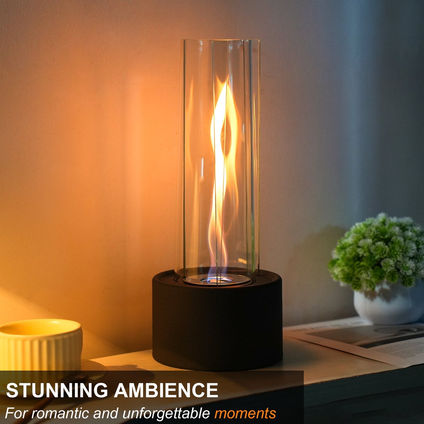 Cylindrical Bioethanol Vented-Free Fireplace – Tabletop Clean-Burning Design with Tempered Glass & Fire Snuffer
