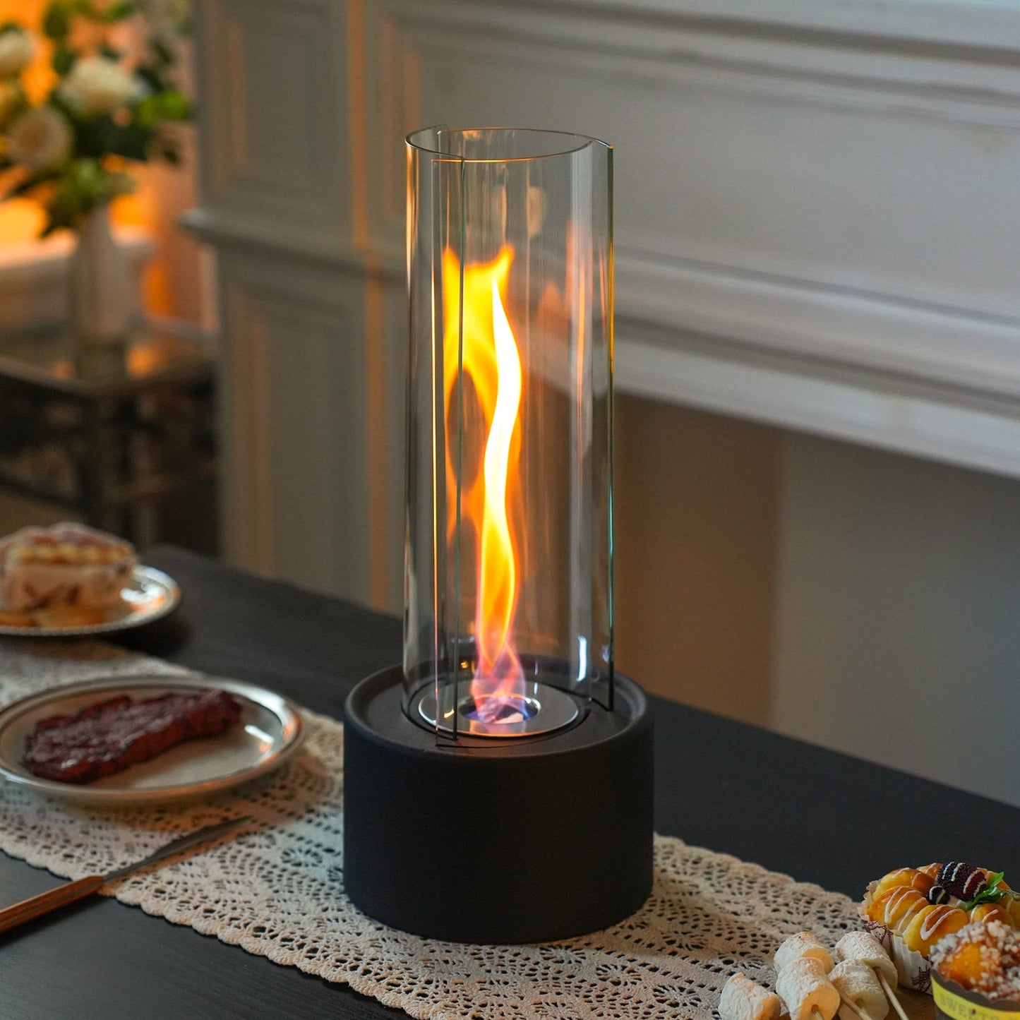 Cylindrical Bioethanol Vented-Free Fireplace – Tabletop Clean-Burning Design with Tempered Glass & Fire Snuffer