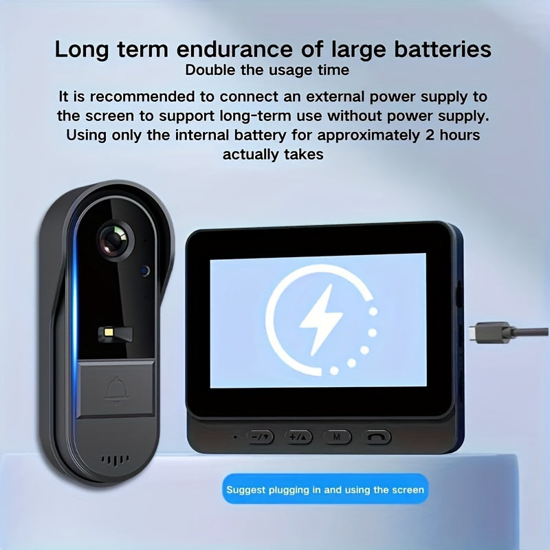 Smart Video Doorbell with HD Camera, Visual Doorbell Camera with 4.3-inch Display, Real-time Indoor Monitoring, Wide Angle, 2-Way Audio, Image & Video Recording, SD Card Local Storage, HD Night Vision, Battery/USB Dual Power,