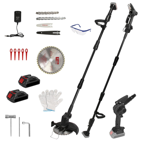 3-in-1 Cordless Electric Pole Saw, Mini Chainsaw & Grass Trimmer Kit, 2x21V Batteries
