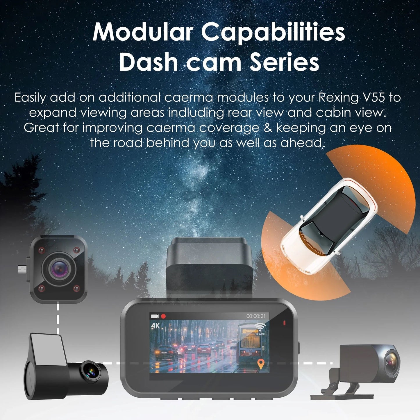 Rexing Rear View Camera For V55 Premium 4K Modular Capabilities Car Dash Cam