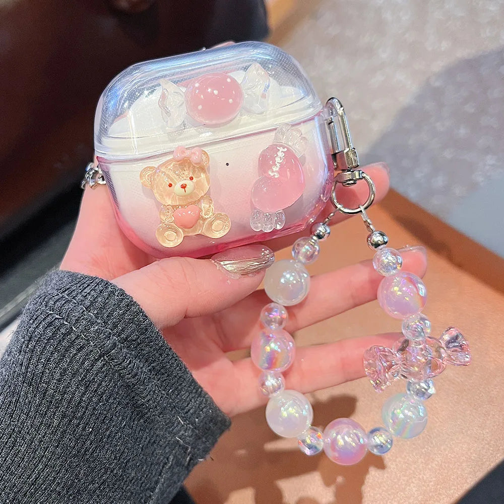 Gradient Cute Bow DIY Flower Earphone Case Crystal Pendant For Samsung Galaxy Buds 2 3 Pro Live FE Cover Earbuds Accessories