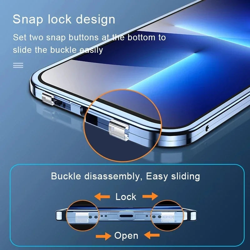 Clear 360° Full Protection Metal Magnetic Double-Sided Glass Press Phone Case for iPhone 16e 16 Pro Max 14 13 12 15 Pro Max Case