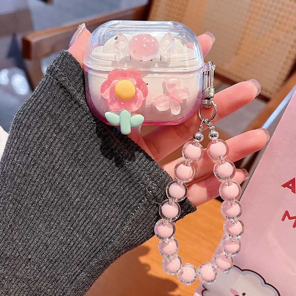 Gradient Cute Bow DIY Flower Earphone Case Crystal Pendant For Samsung Galaxy Buds 2 3 Pro Live FE Cover Earbuds Accessories