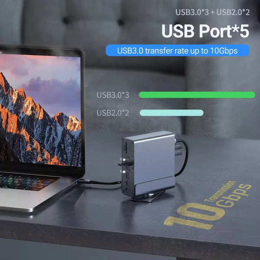 15 in 1 Hub Type-C Docking Station 4K@60Hz HDMI DisplayPort USB A RJ45 SD TF Audio 3.5mm Port Adapter for Macbook Pro Laptop PC