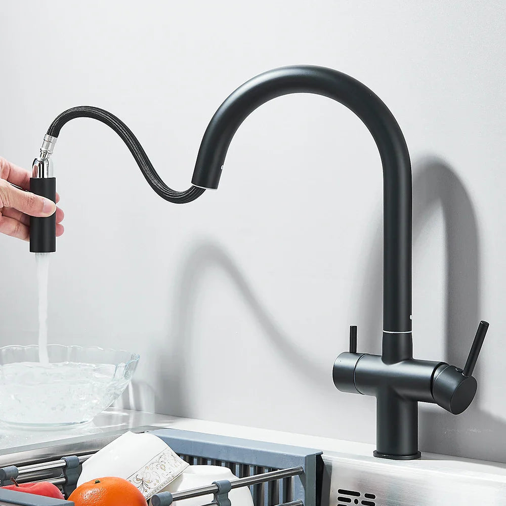 Filtered Kitchen Sink Faucet With Retractable Sprayer Brass Water Filter Tap Drinking Water Tap Vessel Sink Mixer For Kitchen