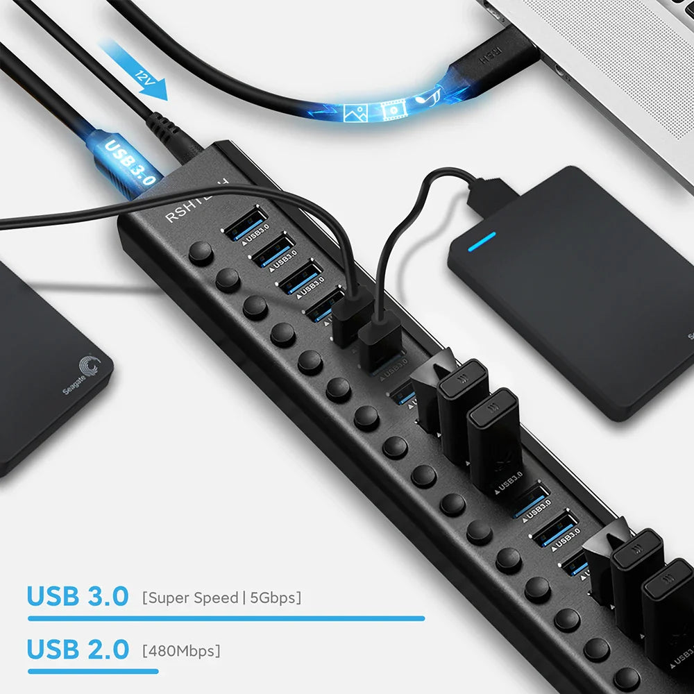 7/10/13/16 Ports Powered USB Hub Aluminum USB 3.0 Data Hub Expander with Individual On/Off Switches for Laptop MacBook Splitter