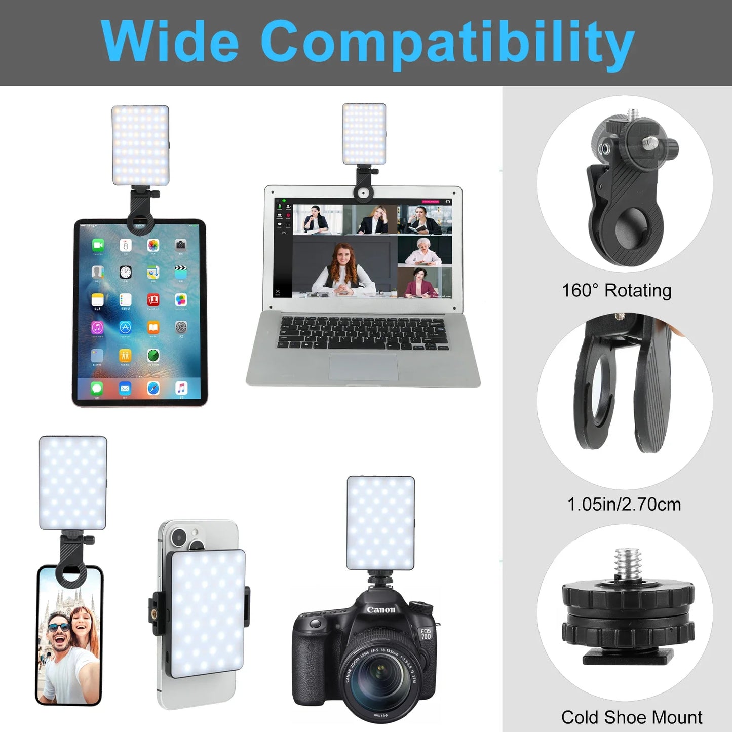 Selfie Light with Front & Back Phone Clip, 72 LED Rechargeable Video Light for Phone iPhone iPad Laptop Camera