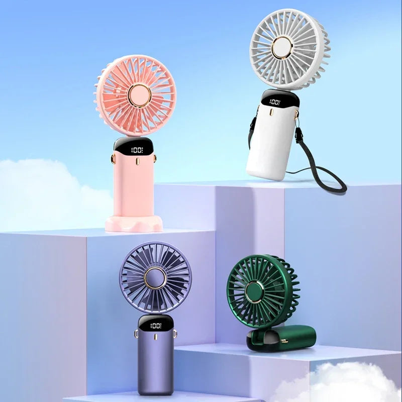 Foldable Portable Handheld Mini Fan 3000mAh with 5-Speed USB Rechargeable Battery, Neck Hanging Design & Phone Stand Display for Indoor and Outdoor Use