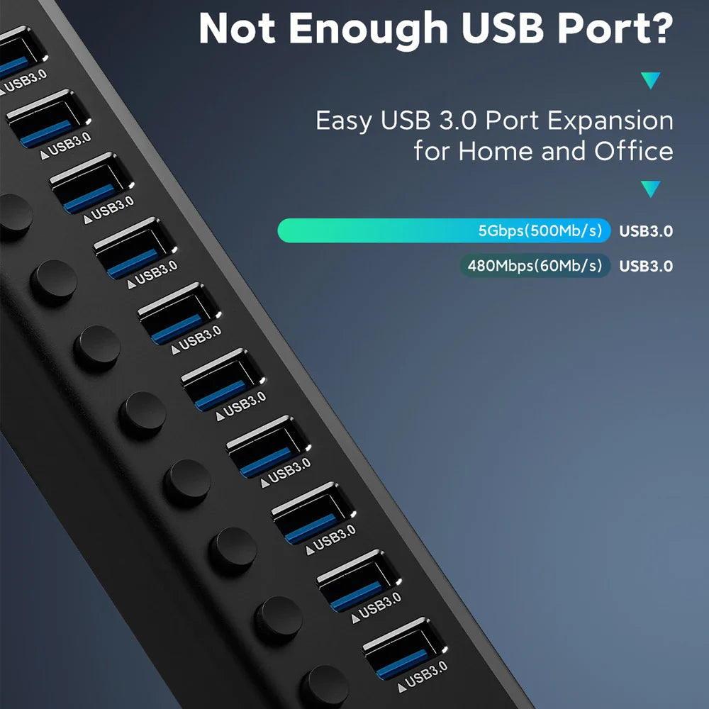 7/10/13/16 Ports Powered USB Hub Aluminum USB 3.0 Data Hub Expander with Individual On/Off Switches for Laptop MacBook Splitter