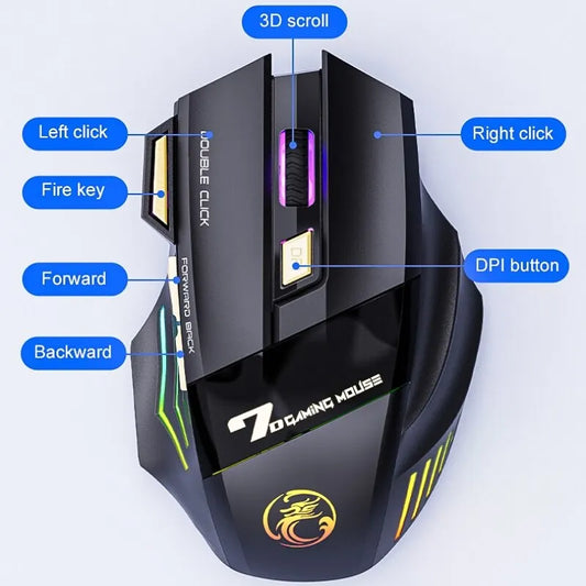 IMICE GW-X7 Wireless Gaming Mouse, 3200DPI, Bluetooth/2.4G, 7 Buttons, Rechargeable, RGB LED