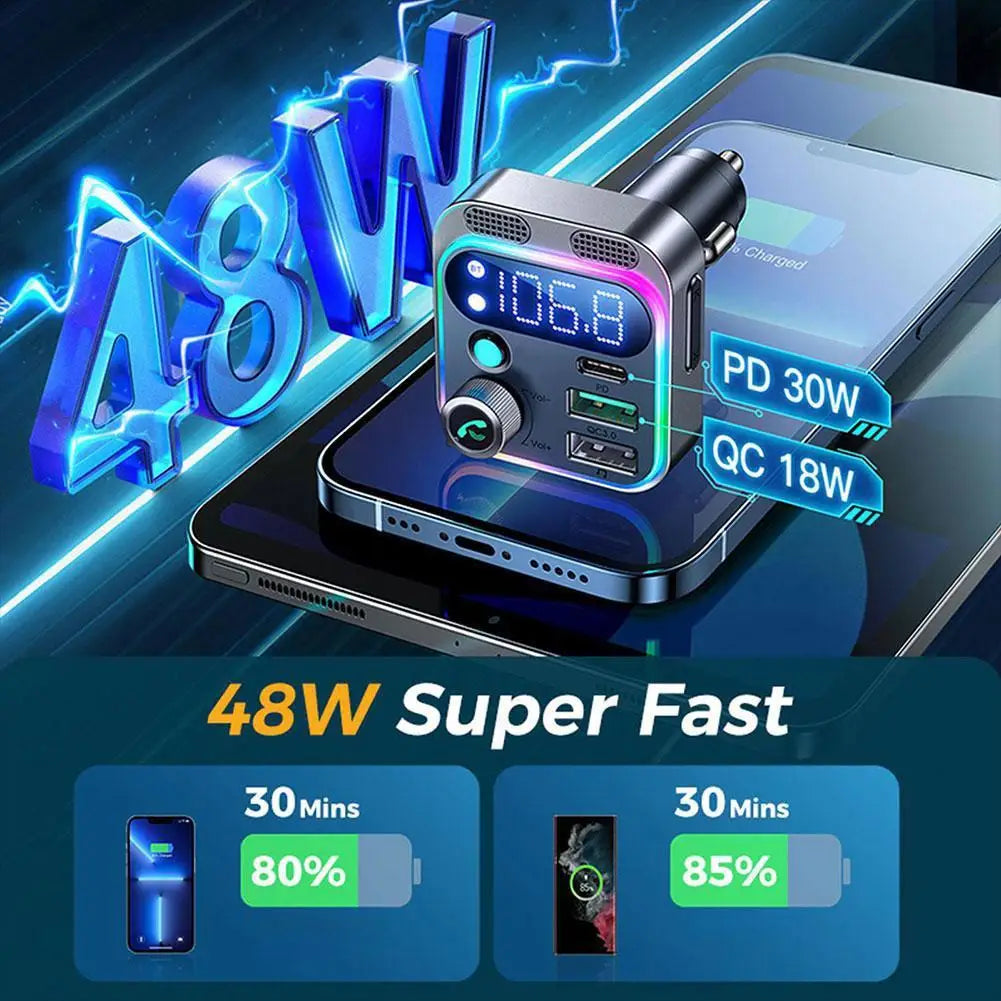 48W Car Adapter Bluetooth 5.2 FM Transmitter For Car PD&QC3.0 Car Charger Bluetooth Adapter Dual Mics Deep Bass Sound Hands-Free