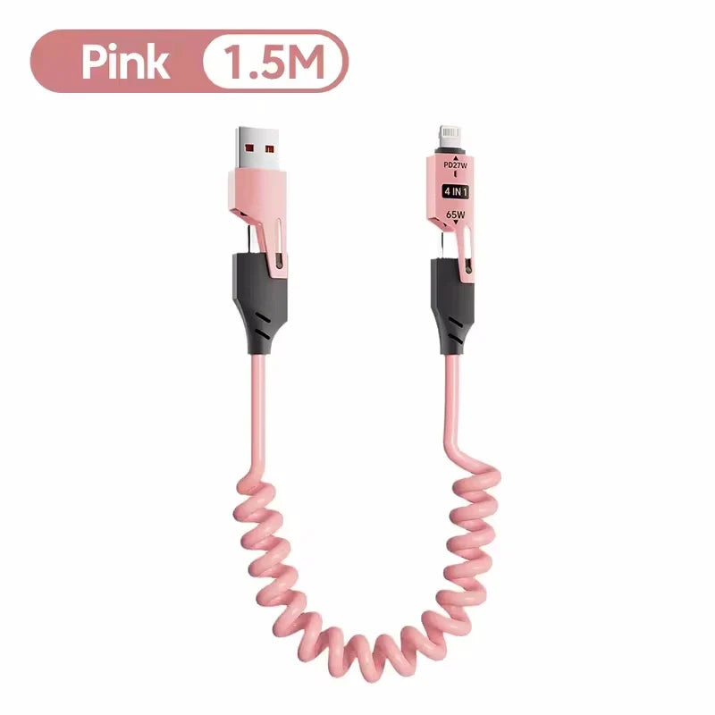 65W Quick Charger Spring USB Cable 4 in 1 Spring Data Cable 6A USB Type C Spring Telescopic Wire for iPhone iPad MacBook Huawei