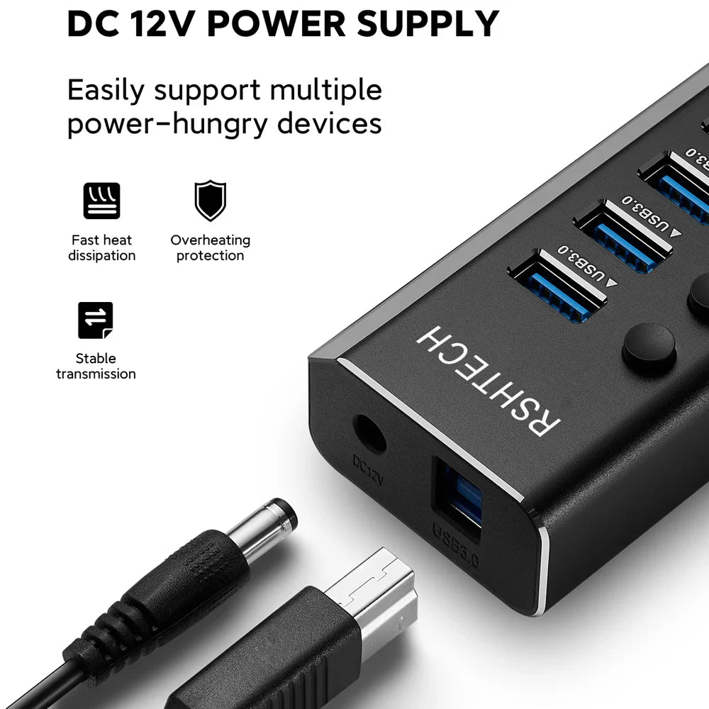 7/10/13/16 Ports Powered USB Hub Aluminum USB 3.0 Data Hub Expander with Individual On/Off Switches for Laptop MacBook Splitter