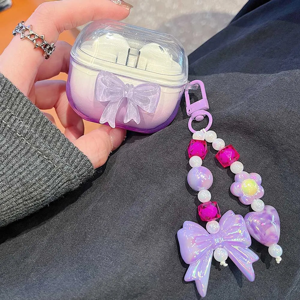 Gradient Cute Bow DIY Flower Earphone Case Crystal Pendant For Samsung Galaxy Buds 2 3 Pro Live FE Cover Earbuds Accessories