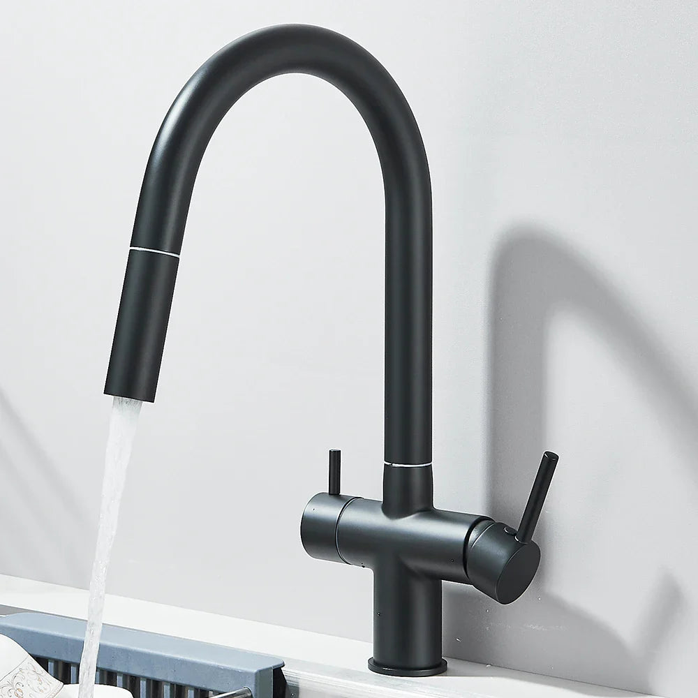 Filtered Kitchen Sink Faucet With Retractable Sprayer Brass Water Filter Tap Drinking Water Tap Vessel Sink Mixer For Kitchen
