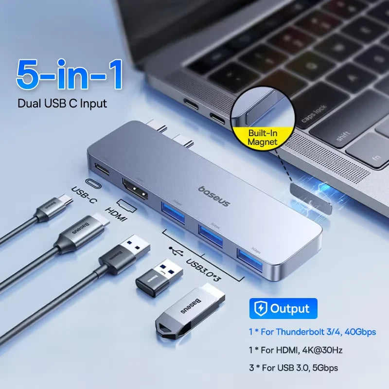 Baseus Dual USB-C Hub to HDMI-Compatible 4K 30Hz For Thunderbolt 3/4 40Gbps USB 3.0 Type C HUB SD TF For MacBook Pro Air USB Hub