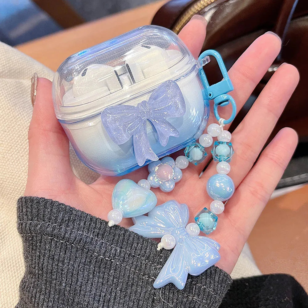 Gradient Cute Bow DIY Flower Earphone Case Crystal Pendant For Samsung Galaxy Buds 2 3 Pro Live FE Cover Earbuds Accessories