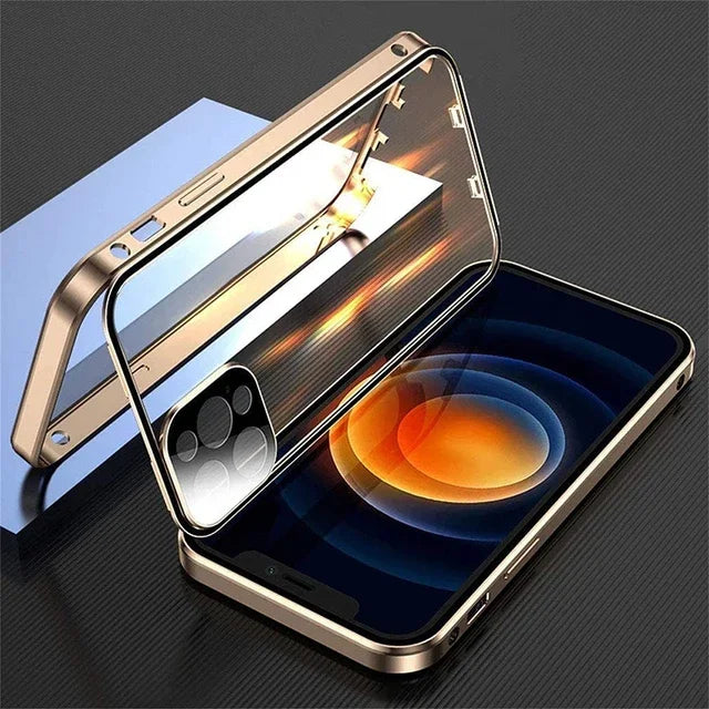 Clear 360° Full Protection Metal Magnetic Double-Sided Glass Press Phone Case for iPhone 16e 16 Pro Max 14 13 12 15 Pro Max Case