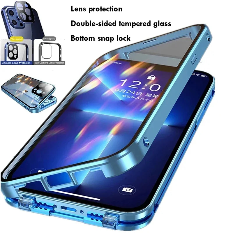 Clear 360° Full Protection Metal Magnetic Double-Sided Glass Press Phone Case for iPhone 16e 16 Pro Max 14 13 12 15 Pro Max Case