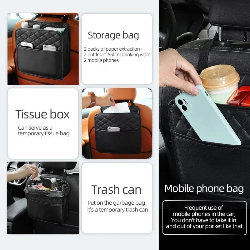 2024 Multi-functional car seat storage bag Leather storage bag Garbage bag Storage bag Portable trash can for most models