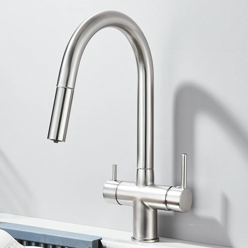 Filtered Kitchen Sink Faucet With Retractable Sprayer Brass Water Filter Tap Drinking Water Tap Vessel Sink Mixer For Kitchen