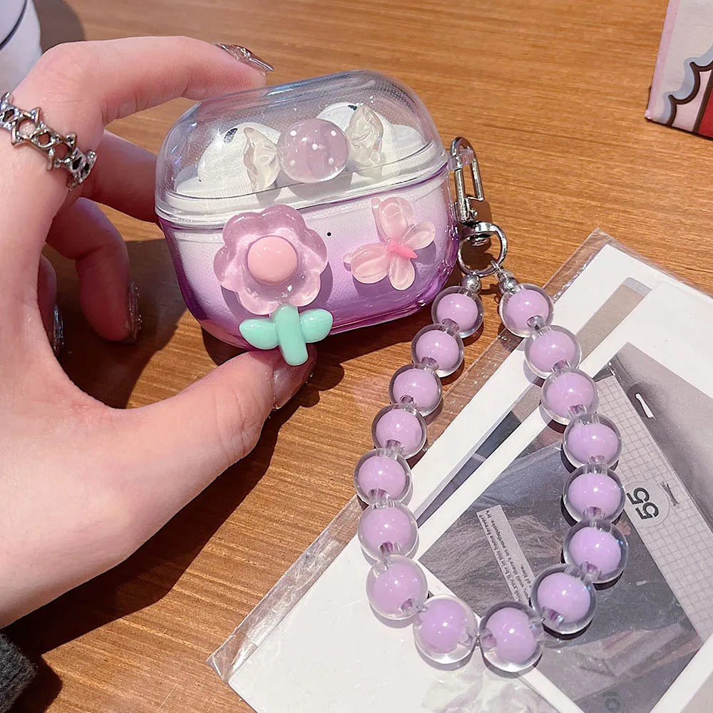 Gradient Cute Bow DIY Flower Earphone Case Crystal Pendant For Samsung Galaxy Buds 2 3 Pro Live FE Cover Earbuds Accessories