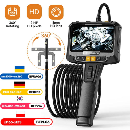 360° Steering Industrial Endoscope Camera 8mm 5"IPS Screen Single&Dual Lens Inspection Borescope 1080P For Car Engine Pip