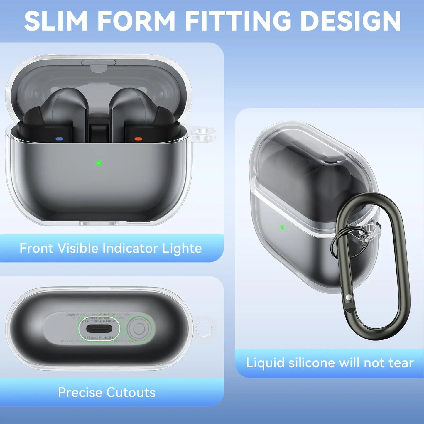 for Samsung Galaxy Buds 3 Pro & Buds 3 Case Cover Soft Silicone Protective Case Accessories with Carabiner for Men Women (Clear)