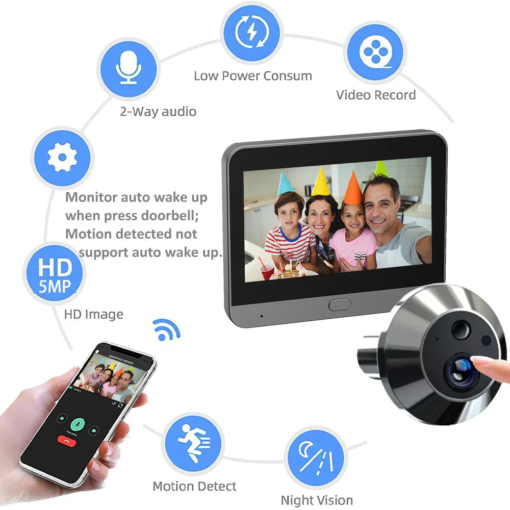 Mini 5MP Tuya Smart Life Home Digital Viewer Peepholes Door Eye WiFi IR No Red Exposure Night Vision Camera 4.3Inch Baby Monitor