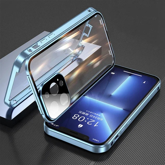 Clear 360° Full Protection Metal Magnetic Double-Sided Glass Press Phone Case for iPhone 16e 16 Pro Max 14 13 12 15 Pro Max Case