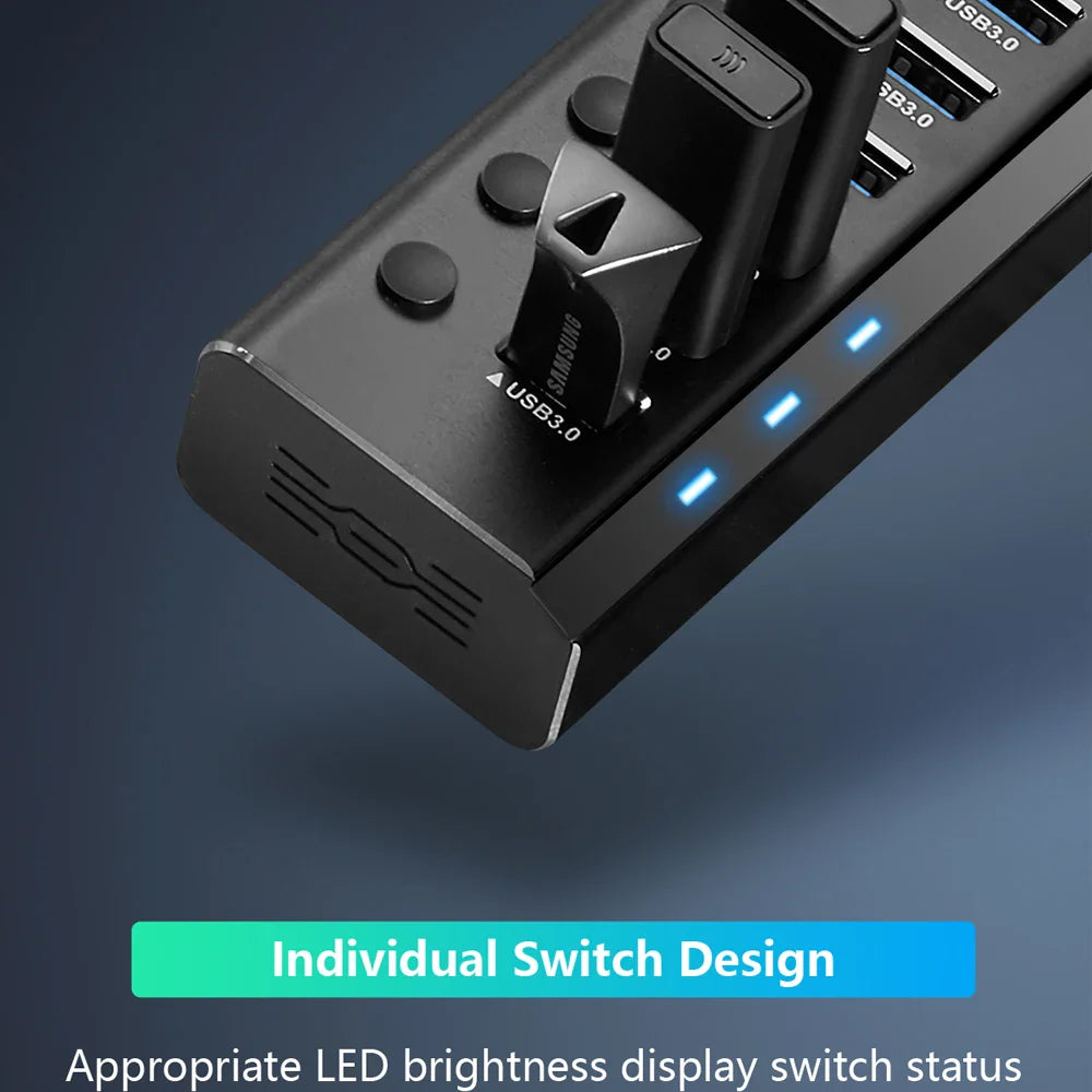 7/10/13/16 Ports Powered USB Hub Aluminum USB 3.0 Data Hub Expander with Individual On/Off Switches for Laptop MacBook Splitter