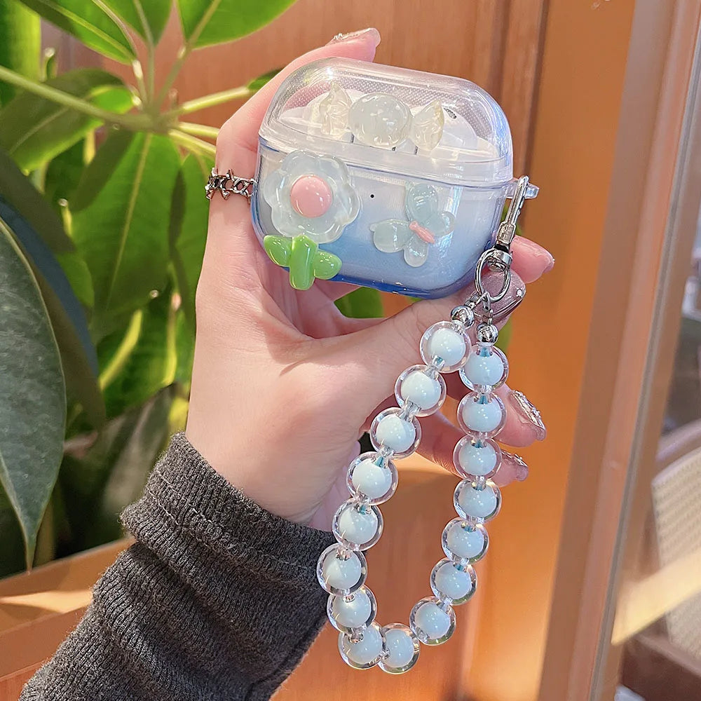 Gradient Cute Bow DIY Flower Earphone Case Crystal Pendant For Samsung Galaxy Buds 2 3 Pro Live FE Cover Earbuds Accessories