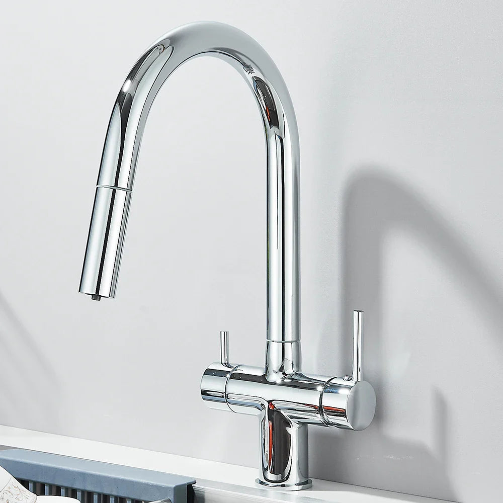 Filtered Kitchen Sink Faucet With Retractable Sprayer Brass Water Filter Tap Drinking Water Tap Vessel Sink Mixer For Kitchen