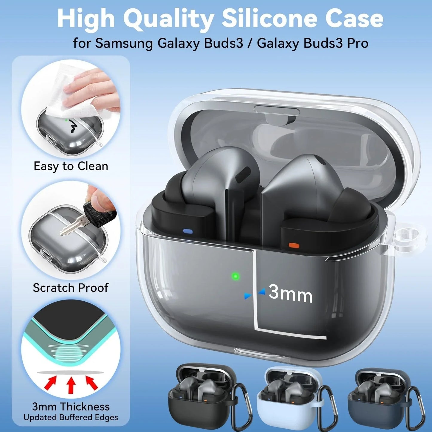 for Samsung Galaxy Buds 3 Pro & Buds 3 Case Cover Soft Silicone Protective Case Accessories with Carabiner for Men Women (Clear)