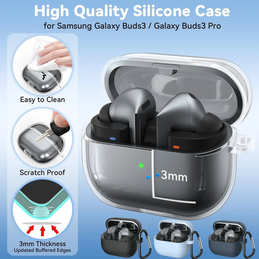 for Samsung Galaxy Buds 3 Pro & Buds 3 Case Cover Soft Silicone Protective Case Accessories with Carabiner for Men Women (Clear)