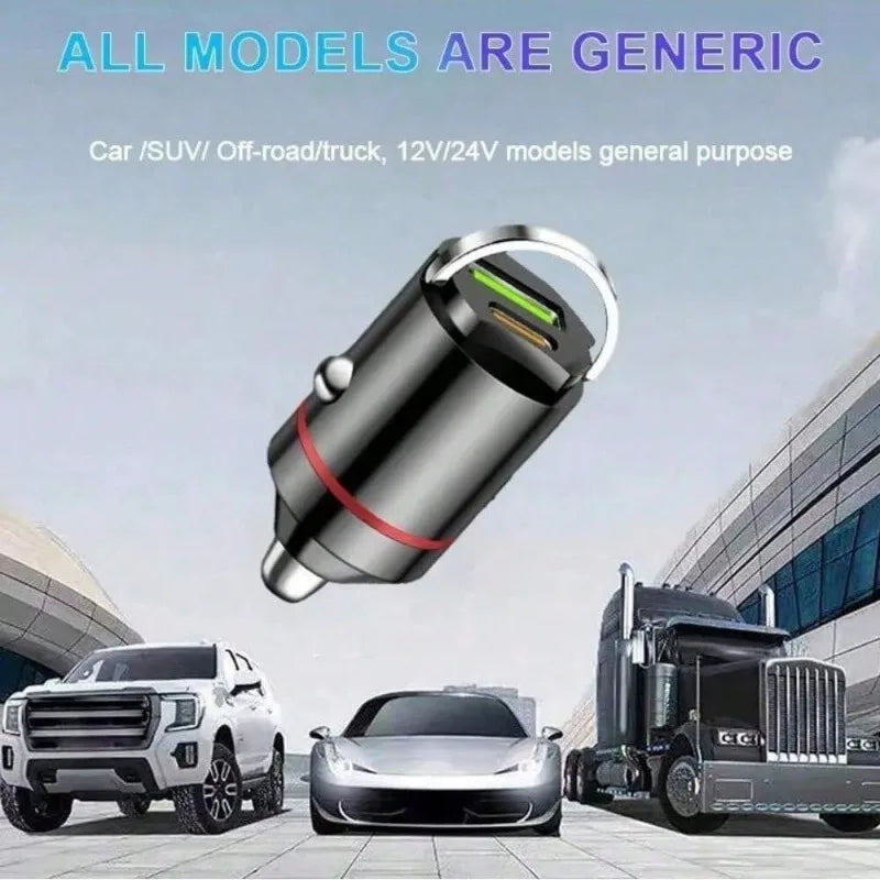 66W Flash Car Charger with Pull Ring - Ultra-Compact PD+USB Dual Port for Rapid Charging - Discreet Mini Design