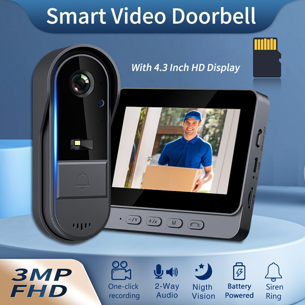 Smart Video Doorbell with HD Camera, Visual Doorbell Camera with 4.3-inch Display, Real-time Indoor Monitoring, Wide Angle, 2-Way Audio, Image & Video Recording, SD Card Local Storage, HD Night Vision, Battery/USB Dual Power,